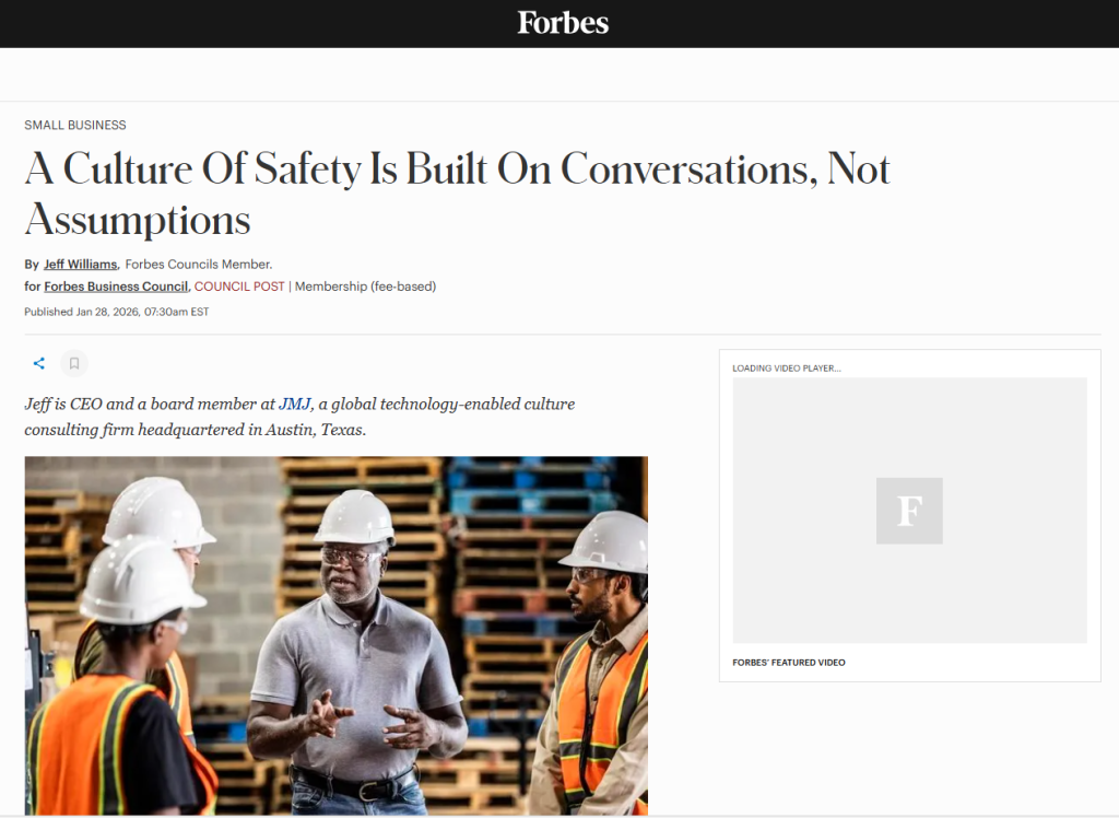 Screenshot of a JMJ article titled ‘JMJ CEO Jeff Williams on the leadership behaviors that shape safety culture’ on the JMJ website.”